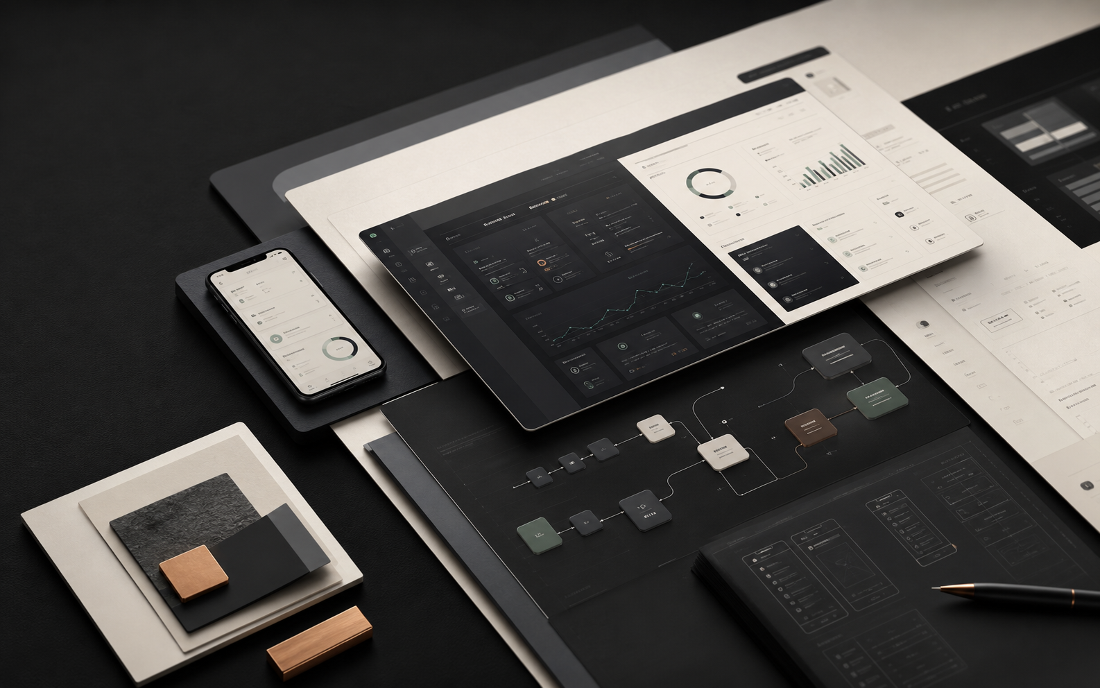 Elacraft product system visual with SaaS dashboard, mobile app, and AI workflow surfaces
